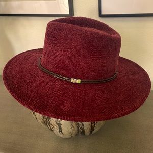 Glitzy Bella Brand Burgundy Hat w/ braid & crystal band embellishment